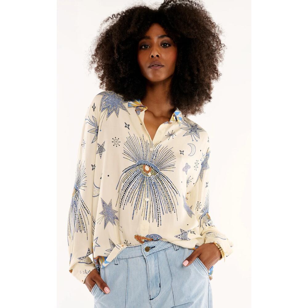 Wild 'Bonaventure Comete' Long Sleeve Button-Up Shirt Cream Blue Women's Size 2
